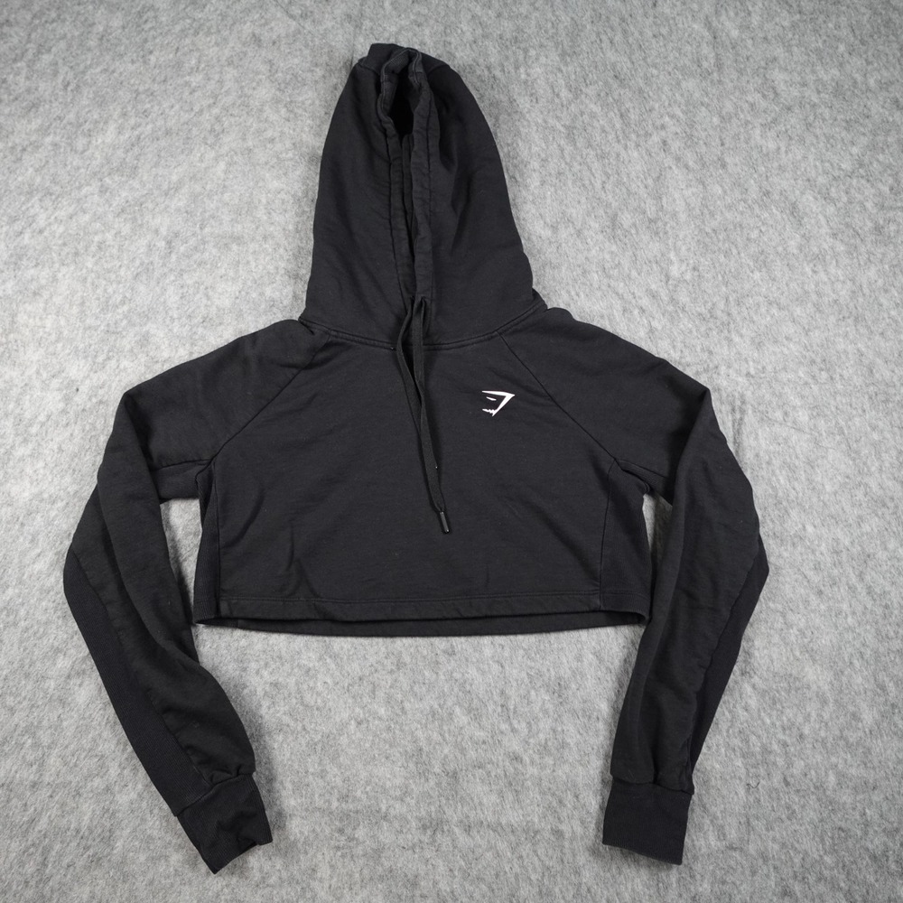 Gymshark Hoodie‎ Women Extra Small Black Training Cropped Long Sleeve Pullover